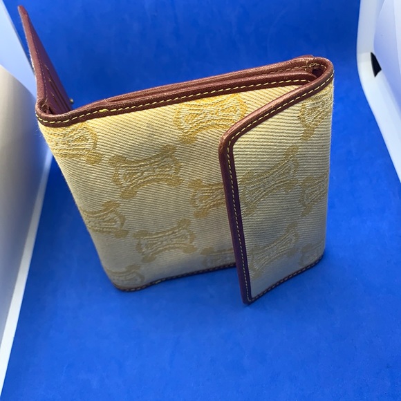 Auth CELINE Macadam Yellow Dark Brown Denim Leather Double-hook Wallet - Picture 10 of 15